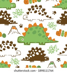 Seamless pattern vector of hand drawn dinosaurs cartoon. Prehistoric elements illustration
