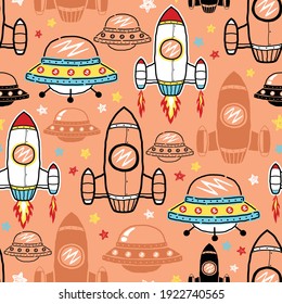Seamless pattern vector of hand drawn spaceship cartoon with sky objects