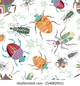 Seamless pattern vector of hand drawn beetles and leaves with colorful ornaments