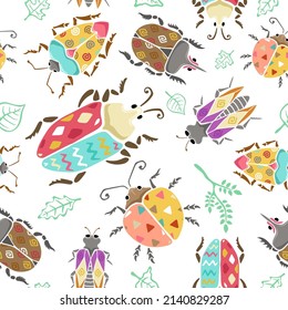 Seamless pattern vector of hand drawn beetles and leaves with colorful ornamental