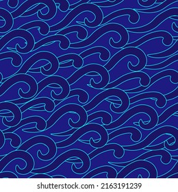 Seamless pattern, vector, hand drawn. Blue wave, simple line art pattern.