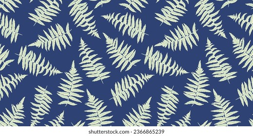 Patrón sin foco con helecho dibujado a mano vectorial. La planta deja ornamentos en un fondo azul negro. Plantilla para diseño, moda, decoración interior, textil, tela, papel pintado, diseño superficial