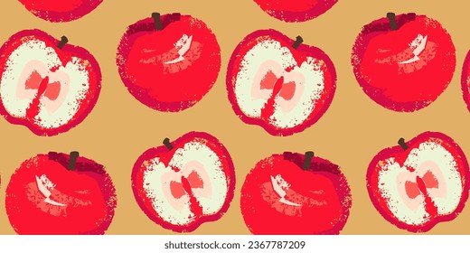 Seamless pattern with vector hand drawn apple and apple slices. Colorful abstract print with apple. Template for design, fabric, interior decoration, textile, fashion wallpaper, surface design