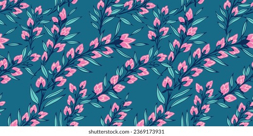 Seamless pattern with vector hand drawn stylized, abstract, artistic, branches leaves and burgeon. Blooming texture leaves on turquoise background. Template for textile, fashion, print, surface design