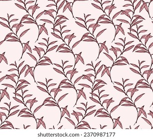 Seamless pattern with vector hand drawn leaf stem. Abstract, artistic, simple, gently leaves branches print. Template for design, textile, fashion, surface design, fabric, interior decor, wallpaper