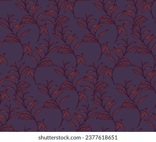 Seamless pattern with vector hand drawn leaves stem. Abstract, artistic, creative, dark purple leaf branches print. Template for design, textile, fashion, surface design, fabric, interior decor