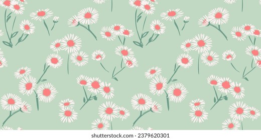 Seamless pattern with vector hand drawn, tiny, simple, abstract flowers chamomiles. Cute ditsy branches floral mint print. Design ornament for fabric, textile, fabric, wallpaper, children.