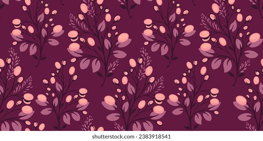 Seamless pattern with vector hand drawn colored decorative branches leaves with berries. Burgundy abstract creative floral background. Template for design, textile, fashion, print, surface design