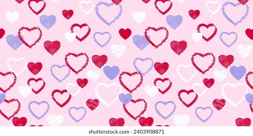 Seamless pattern with vector hand drawn sketch hearts. Print with set textured shape heart silhouettes. Valentine, love pink background. Design for textile, fashion, surface design,  fabric