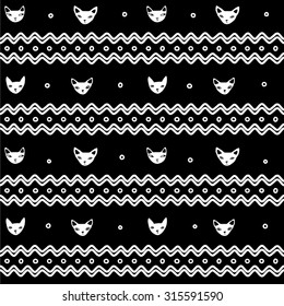 Seamless pattern in vector with hand drawn white cats, polka dot, zigzag at the black background reminiscent of drawing on knit sweaters. Print for Textiles and Clothing, paper