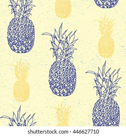 Seamless pattern. Vector hand drawn pineapple isolated on vintage background. Tropical summer fruit engraved style illustration. Detailed food drawing in line art graphic style. Tattoo design, textile