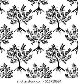 Seamless pattern, vector hand drawn repeating illustration, decorative ornamental stylized trees.