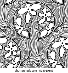 Seamless pattern, vector hand drawn repeating illustration, decorative ornamental stylized trees. 