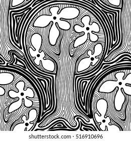 Seamless pattern, vector hand drawn repeating illustration, decorative ornamental stylized trees. 