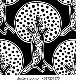 Seamless pattern, vector hand drawn repeating illustration, decorative ornamental stylized endless trees. Black and white astract seamles graphic illustration. Artistic line drawing silhouette. 