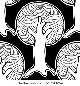 Seamless pattern, vector hand drawn repeating illustration, decorative ornamental stylized endless trees. Black and white abtract seamless graphic illustration. Artistic line drawing silhouette. 