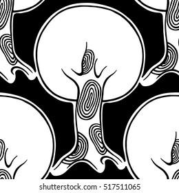 Seamless pattern, vector hand drawn repeating illustration, decorative ornamental stylized endless trees. Black and white astract seamles graphic illustration. Artistic line drawing silhouette. 
