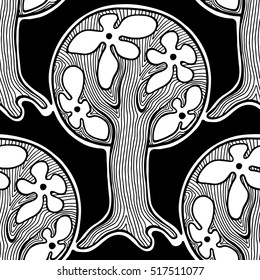 Seamless pattern, vector hand drawn repeating illustration, decorative ornamental stylized endless trees. Black and white astract seamles graphic illustration. Artistic line drawing silhouette. 