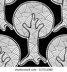 Seamless pattern, vector hand drawn repeating illustration, decorative ornamental stylized endless trees. Black and white astract seamles graphic illustration. Artistic line drawing silhouette. 