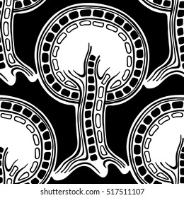 Seamless pattern, vector hand drawn repeating illustration, decorative ornamental stylized endless trees. Black and white astract seamles graphic illustration. Artistic line drawing silhouette. 