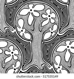 Seamless pattern, vector hand drawn repeating illustration, decorative ornamental stylized endless trees. Black and white abstract seamles graphic illustration. Artistic line drawing vector silhouette