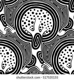 Seamless pattern, vector hand drawn repeating illustration, decorative ornamental stylized endless trees. Black and white abstract seamles graphic illustration. Artistic line drawing vector silhouette