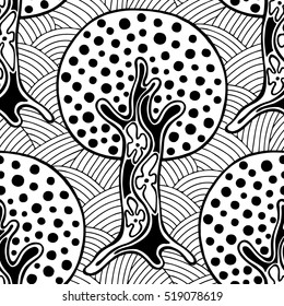 Seamless pattern, vector hand drawn repeating illustration, decorative ornamental stylized endless trees. Black and white abstract seamles graphic illustration. Artistic line drawing silhouette. 