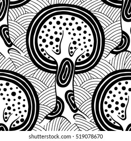 Seamless pattern, vector hand drawn repeating illustration, decorative ornamental stylized endless trees. Black and white abstract seamles graphic illustration. Artistic line drawing silhouette. 