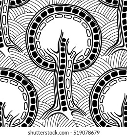 Seamless pattern, vector hand drawn repeating illustration, decorative ornamental stylized endless trees. Black and white abstract seamles graphic illustration. Artistic line drawing silhouette. 