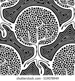 Seamless pattern, vector hand drawn repeating illustration, decorative ornamental stylized endless trees. Black and white abstract seamles graphic illustration. Artistic line drawing silhouette. 
