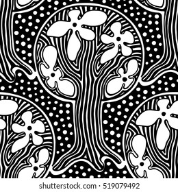 Seamless pattern, vector hand drawn repeating illustration, decorative ornamental stylized endless trees. Black and white abstract seamles graphic illustration. Artistic line drawing silhouette. 