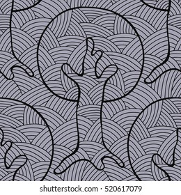 Seamless pattern, vector hand drawn repeating illustration, decorative ornamental stylized endless trees.  Blue abstract seamles graphic illustration. Artistic line drawing vector silhouette. 
