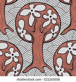 Seamless pattern, vector hand drawn repeating illustration, decorative ornamental stylized endless trees. Red  abstract seamles graphic illustration. Artistic hand drawing background.