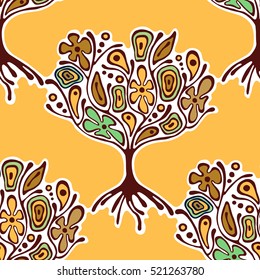 Seamless pattern, vector hand drawn repeating illustration, ecorative ornamental stylized endless trees Abstract seamles graphic illustration Artistic hand drawing silhouette on the orange background.