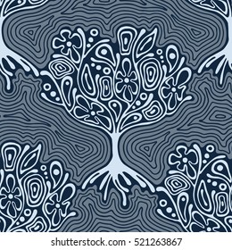 Seamless pattern, vector hand drawn repeating illustration, decorative ornamental stylized endless trees. Blue abstract seamles graphic illustration. Artistic hand drawing background.
