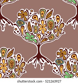 Seamless pattern, vector hand drawn repeating illustration, decorative ornamental stylized endless trees Abstract seamles graphic illustration Artistic hand drawing silhouette on the brown background.