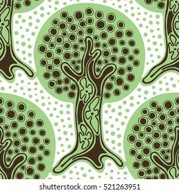 Seamless pattern, vector hand drawn repeating illustration, decorative ornamental stylized endless trees. Green and white abstract seamles graphic illustration. Artistic hand drawing background.