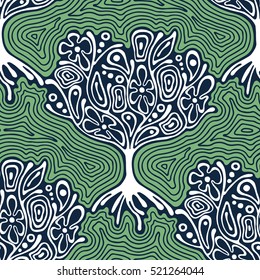 Seamless pattern, vector hand drawn repeating illustration, decorative ornamental stylized endless trees.  Green abstract seamles graphic illustration. Artistic hand drawing background.