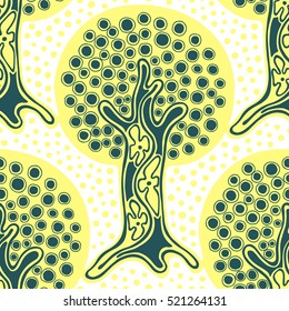 Seamless pattern, vector hand drawn repeating illustration, decorative ornamental stylized endless trees. Yellow  abstract seamles graphic illustration. Artistic hand drawing background.