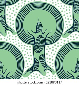 Seamless pattern, vector hand drawn repeating illustration, decorative ornamental stylized endless trees Green, white abstract background,seamles graphic illustration. Artistic line drawing silhouette