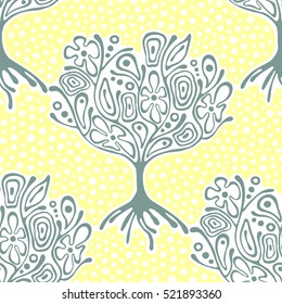Seamless pattern, vector hand drawn repeating illustration, decorative ornamental stylized endless trees Blue,yellow abstract background, seamles graphic illustration. Artistic line drawing silhouette