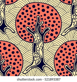 Seamless pattern, vector hand drawn repeating illustration, decorative ornamental stylized endless trees. Red, yellow abstract background, seamles graphic illustration Artistic line drawing silhouette