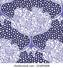 Seamless pattern, vector hand drawn repeating illustration, decorative ornamental stylized endless trees. Blue abstract background, seamles graphic illustration. Artistic line drawing silhouette. 