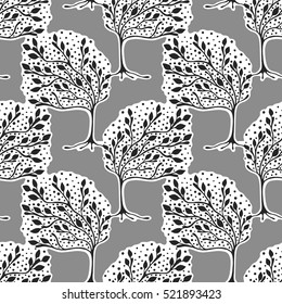 Seamless pattern, vector hand drawn repeating illustration, decorative ornamental stylized endless trees. Grey abstract background, seamles graphic illustration. Artistic line drawing silhouette. 