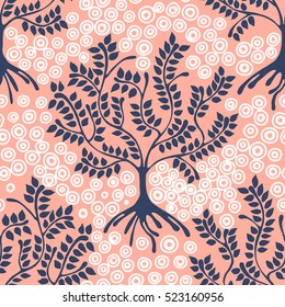 Seamless pattern, vector hand drawn repeating illustration, decorative ornamental stylized endless trees. Pink abstract background, seamles graphic illustration Artistic line drawing silhouette