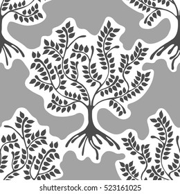 Seamless pattern, vector hand drawn repeating illustration, decorative ornamental stylized endless trees. Grey  abstract background, seamles graphic illustration Artistic line drawing silhouette