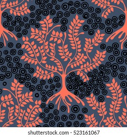 Seamless pattern, vector hand drawn repeating illustration, decorative ornamental stylized endless trees. Blue, red abstract background, seamles graphic illustration Artistic line drawing silhouette