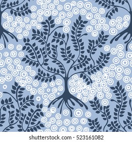 Seamless pattern, vector hand drawn repeating illustration, decorative ornamental stylized endless trees. Blue abstract background, seamles graphic illustration Artistic line drawing silhouette