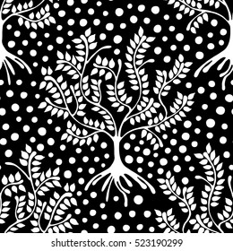 Seamless pattern, vector hand drawn repeating illustration, decorative ornamental stylized endless trees. Black and white abstract seamles graphic illustration. Artistic line drawing silhouette. 