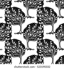 Seamless pattern, vector hand drawn repeating illustration, decorative ornamental stylized endless trees. Black and white abstract seamles graphic illustration. Artistic line drawing silhouette. 